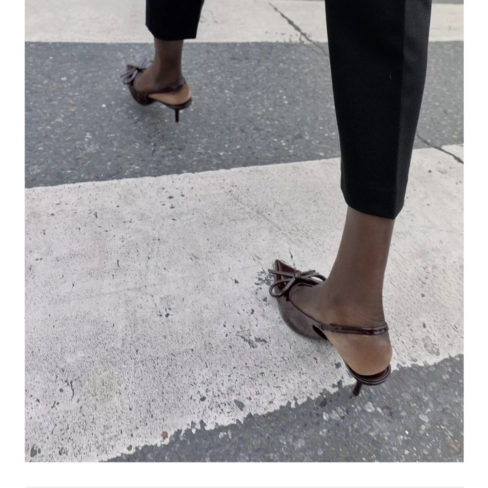 Zara NWT brown bow heeled patent slingback heels - Picture 5 of 7